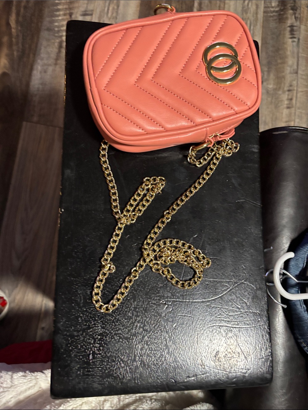 Quilted Coral Crossbody Bag with Gold Chain Accent - check the code#NB213165